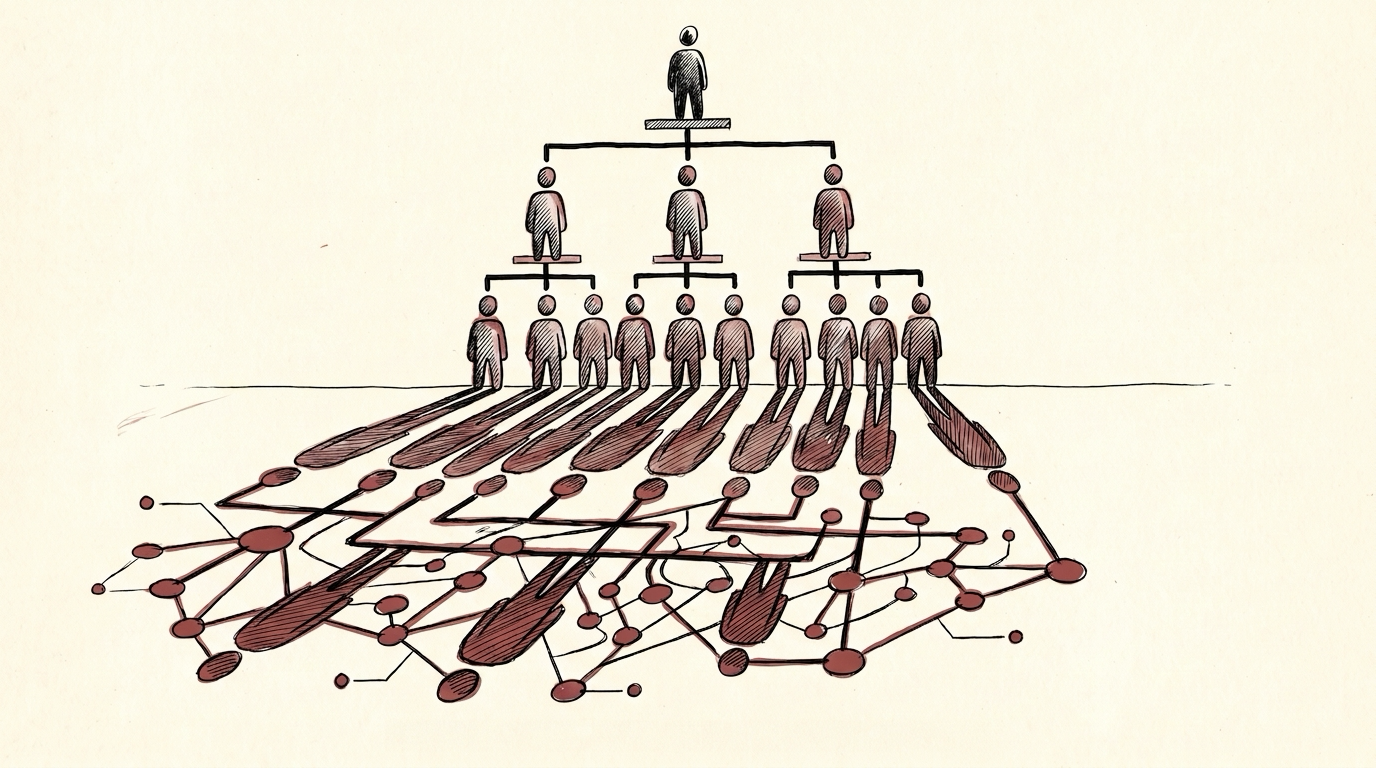 An org-chart hierarchy of abstract faceless figures casts long shadows that merge on the floor into a connected node-network — the system architecture is the shadow the organization throws.