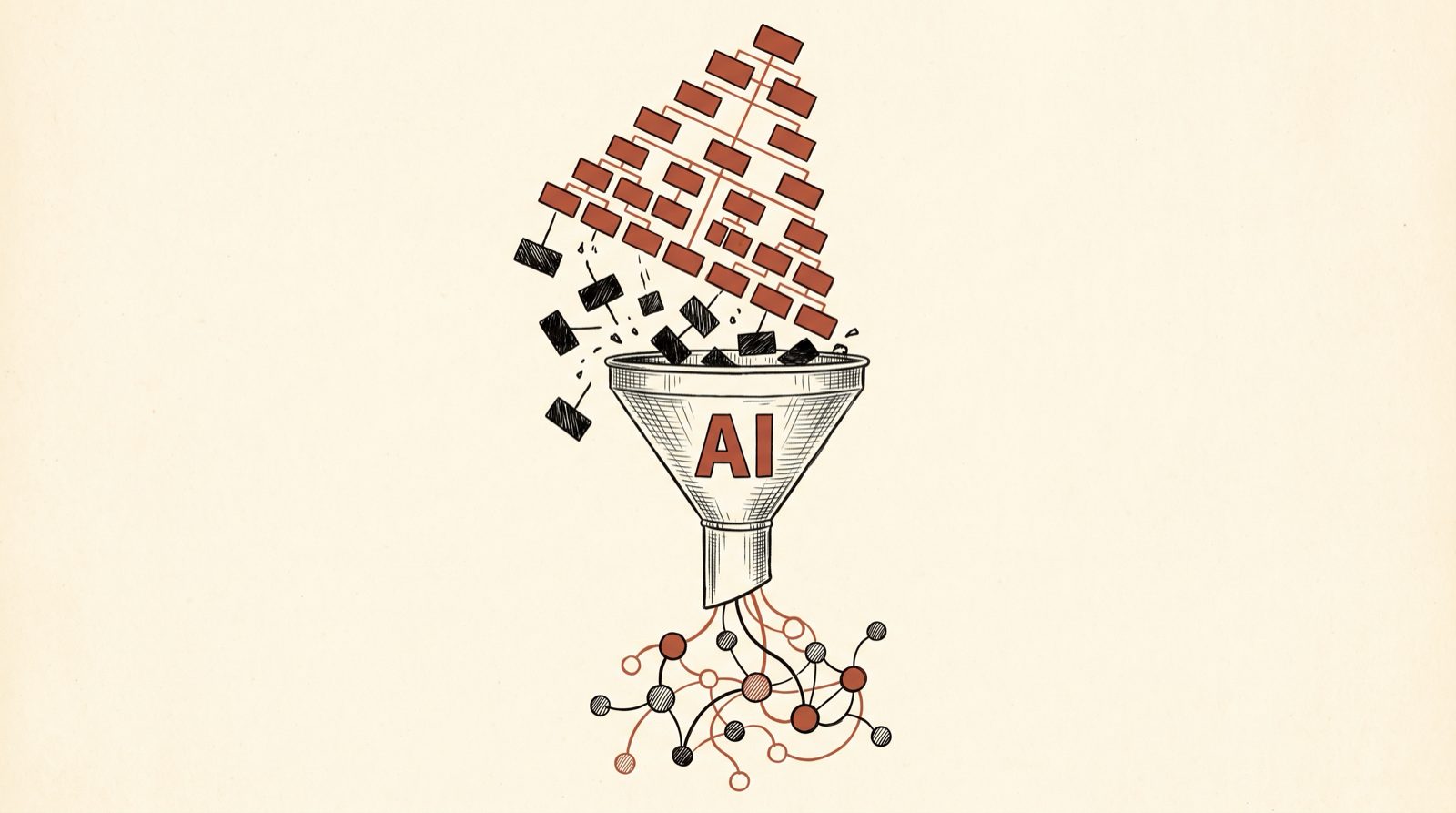 A rigid hierarchical org chart tips over and dissolves as it drops into a funnel labeled 'AI'; a smaller, decentralized network of nodes flows out the bottom.