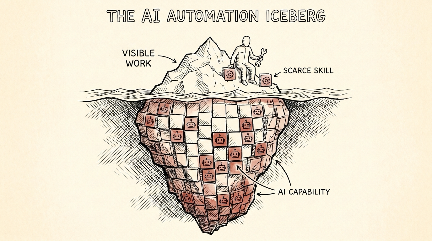 An "AI automation iceberg": above the waterline, a small visible tip holds a worker and a couple of skill-tiles labeled 'visible work' and 'scarce skill'; below the surface, a large submerged mass of skill-tiles stamped with robot icons, labeled 'AI capability' — AI automates skills, not whole jobs.