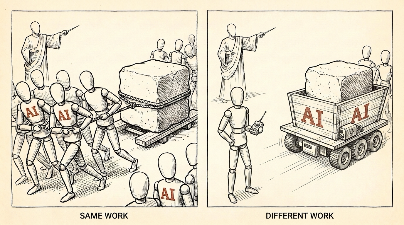 Two-panel diptych of faceless wooden-mannequin figures. Left ('same work'): a crowd hauls a stone block on wooden skids, some of them marked 'AI' on the chest. Right ('different work'): a single figure stands holding a remote control while a motorized cart labeled 'AI', carrying the same block, drives itself.